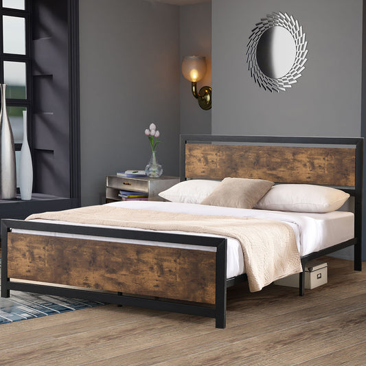 Levi Metal Bed Frame Platform Wooden Industrial Rustic - Black & Wood Double