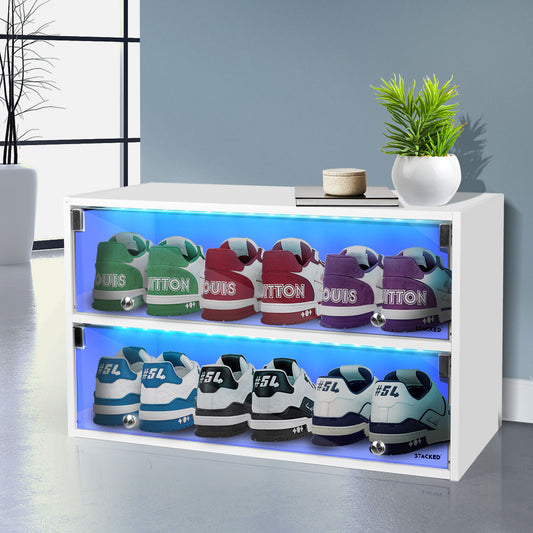 Stacked Shoes Storage Cabinet LED Sneaker Display Case Stackable Rack Lighted - White