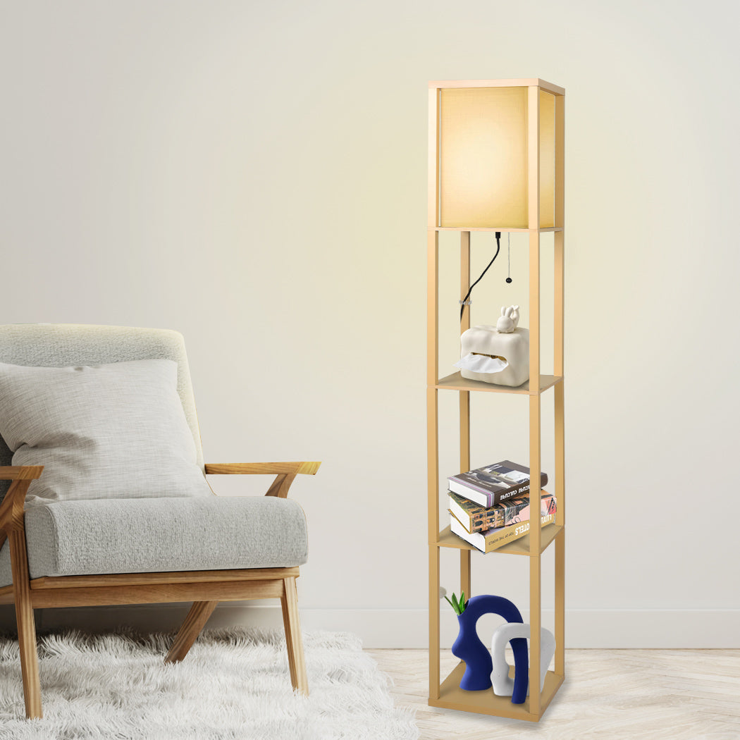 Floor Lamp LED Storage Shelf 3 Tier Wood Standing Reading Corner Light
