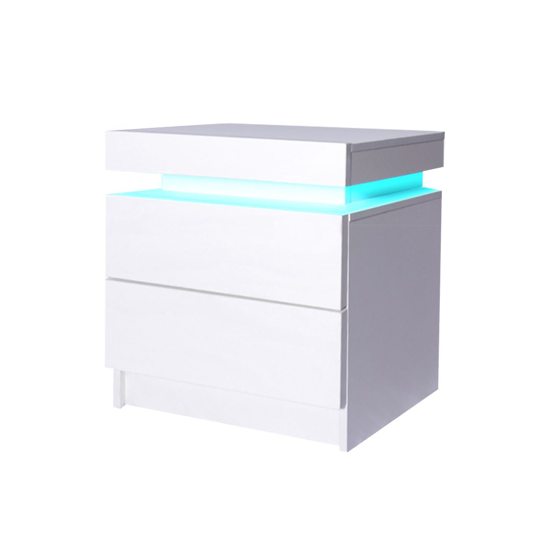 Inuvik LED Bedside Tables RGB LED Storage Cabinet High Gloss Nightstand with 2 Drawers - White