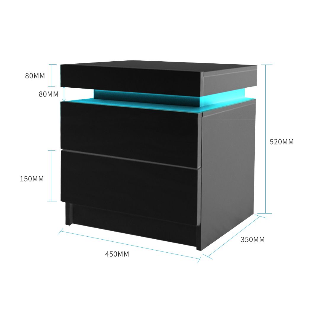Inuvik LED Bedside Tables RGB LED Side Table High Gloss Nightstand Cabinet with 2 Drawers - Black