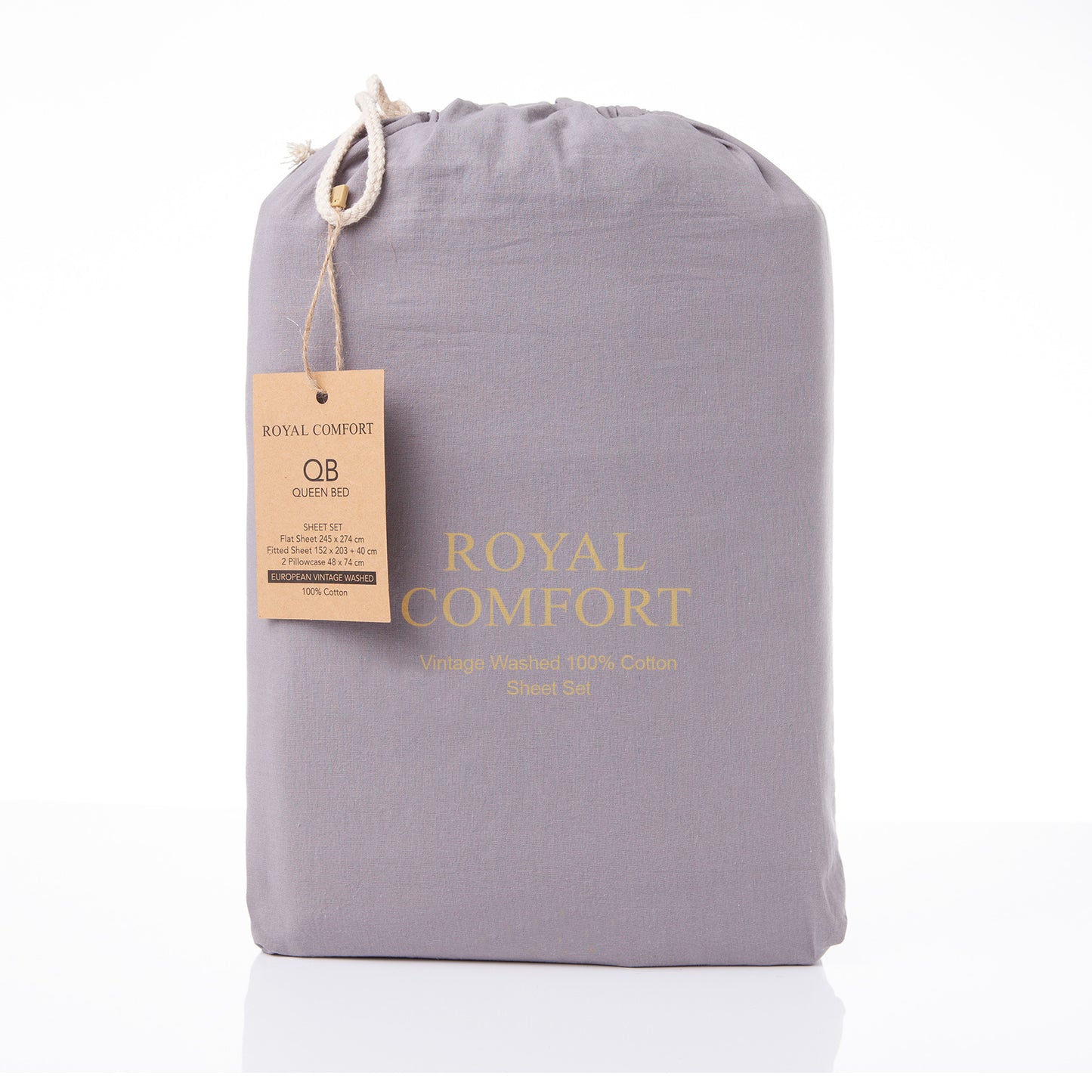 KING Royal Comfort Vintage Washed 100 % Cotton Sheet Set Set - Grey