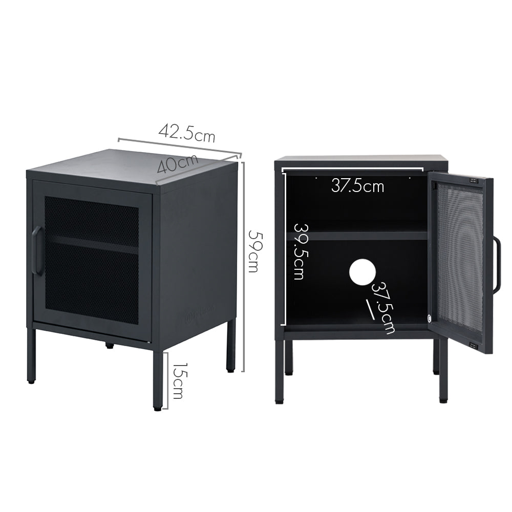 Banff Rolled Steel Bedside Tables Mini Mesh Door Storage Cabinet Organizer - Black