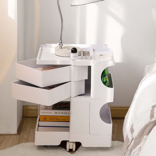 Vernon PP Plastic Bedside Tables Side Tables Nightstand Organizer Replica Boby Trolley 3 Tier with 2 Drawers - White