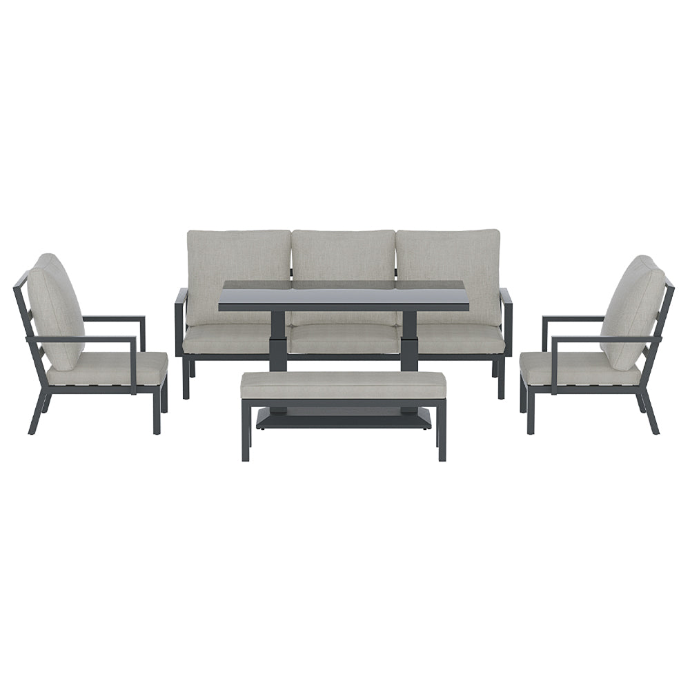 Arlo 7-Seater Lounge Set Garden Patio Aluminium Bench with Cushions 5-Piece Outdoor Sofa - Black