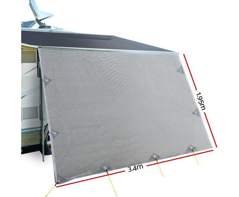 Caravan Privacy Screen Roll Out Awning 3.4x1.95M End Wall Side Sun Shade Grey