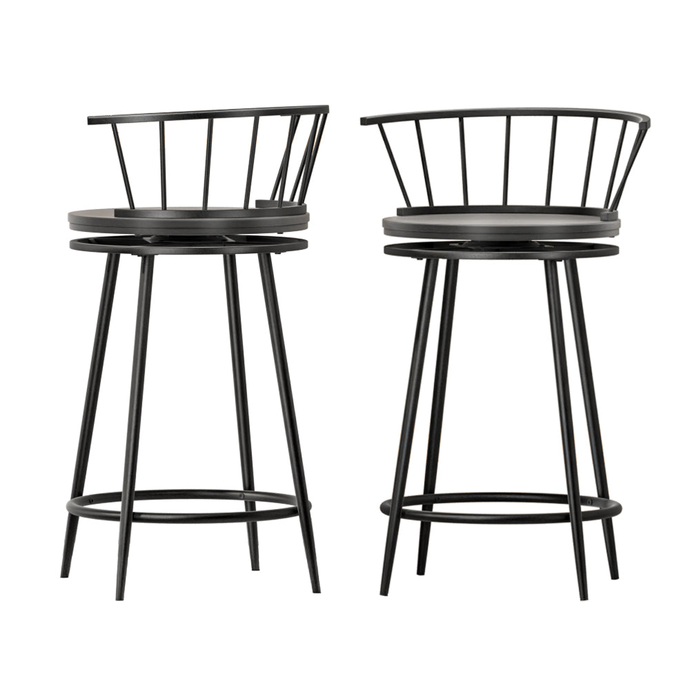 Set of 2 Berne Bar Stools Kitchen Stools Wooden Dining Chair Swivel Metal Chairs - Black