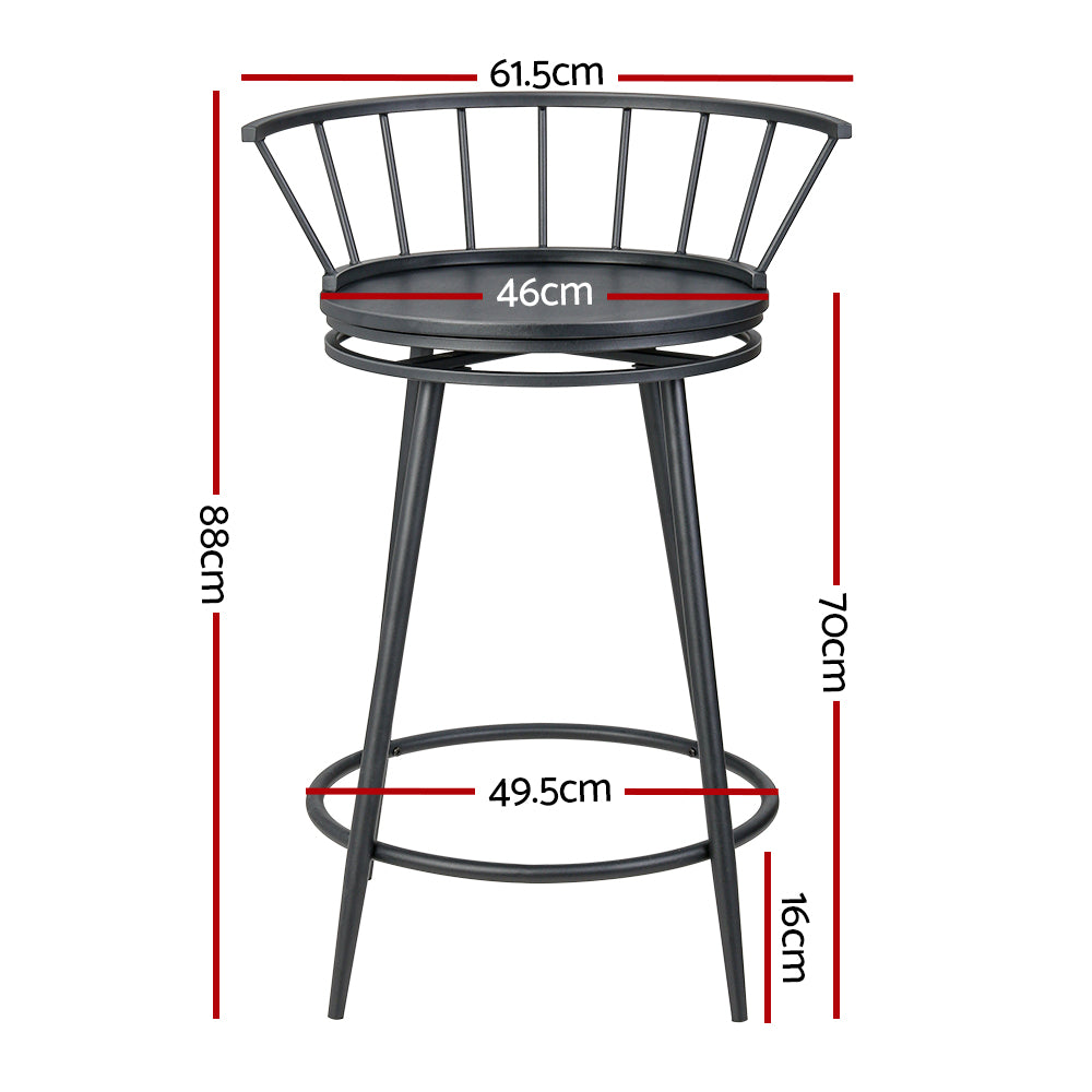 Set of 2 Berne Bar Stools Kitchen Stools Wooden Dining Chair Swivel Metal Chairs - Black