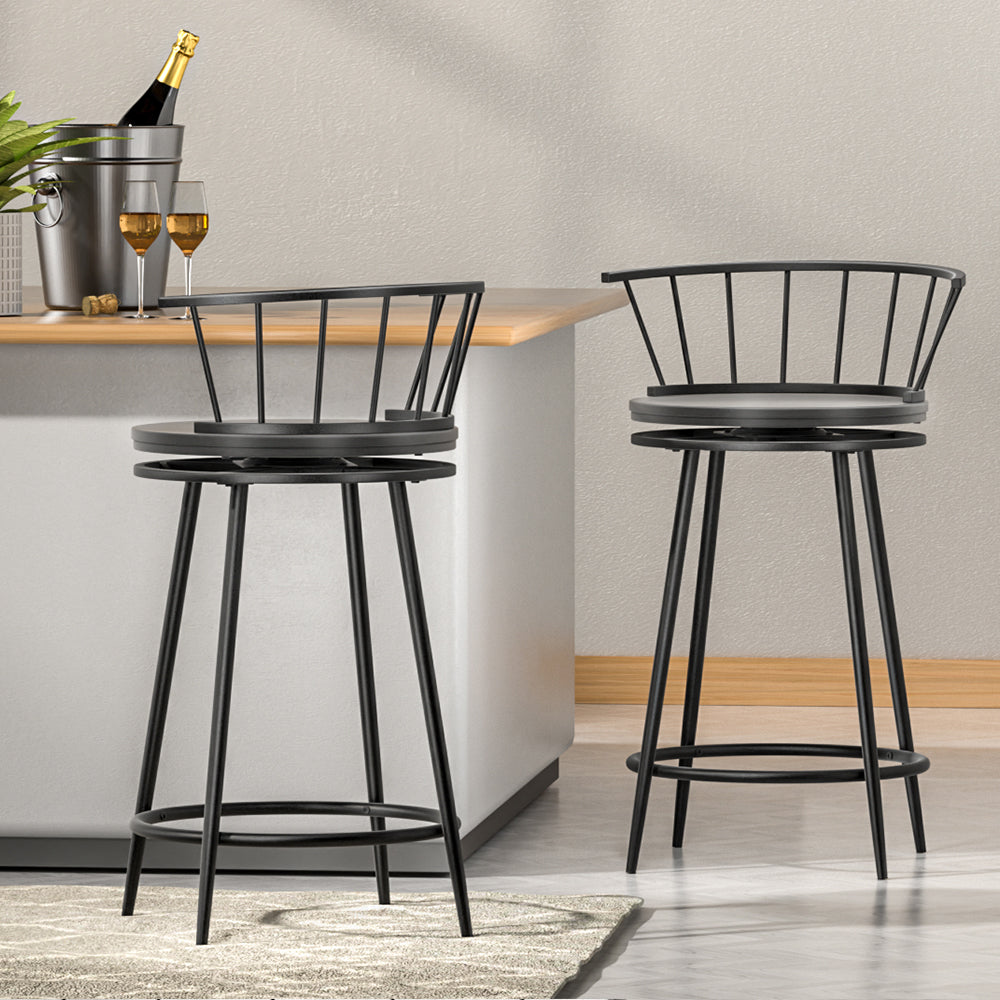 Set of 2 Berne Bar Stools Kitchen Stools Wooden Dining Chair Swivel Metal Chairs - Black