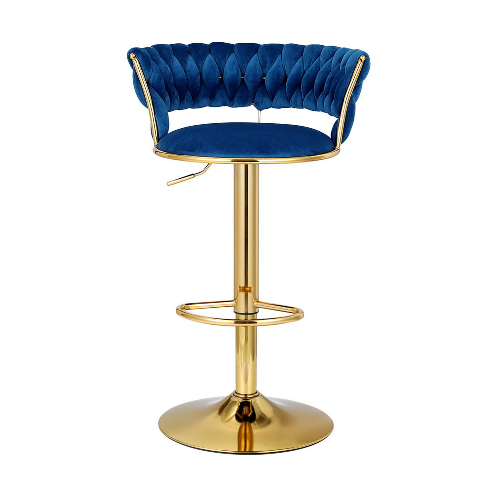 Saldus Bar Stools Gas Lift Velvet Woven Backrest - Navy & Gold