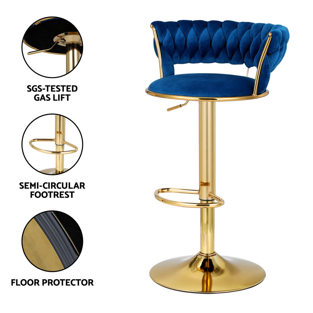 Saldus Bar Stools Gas Lift Velvet Woven Backrest - Navy & Gold