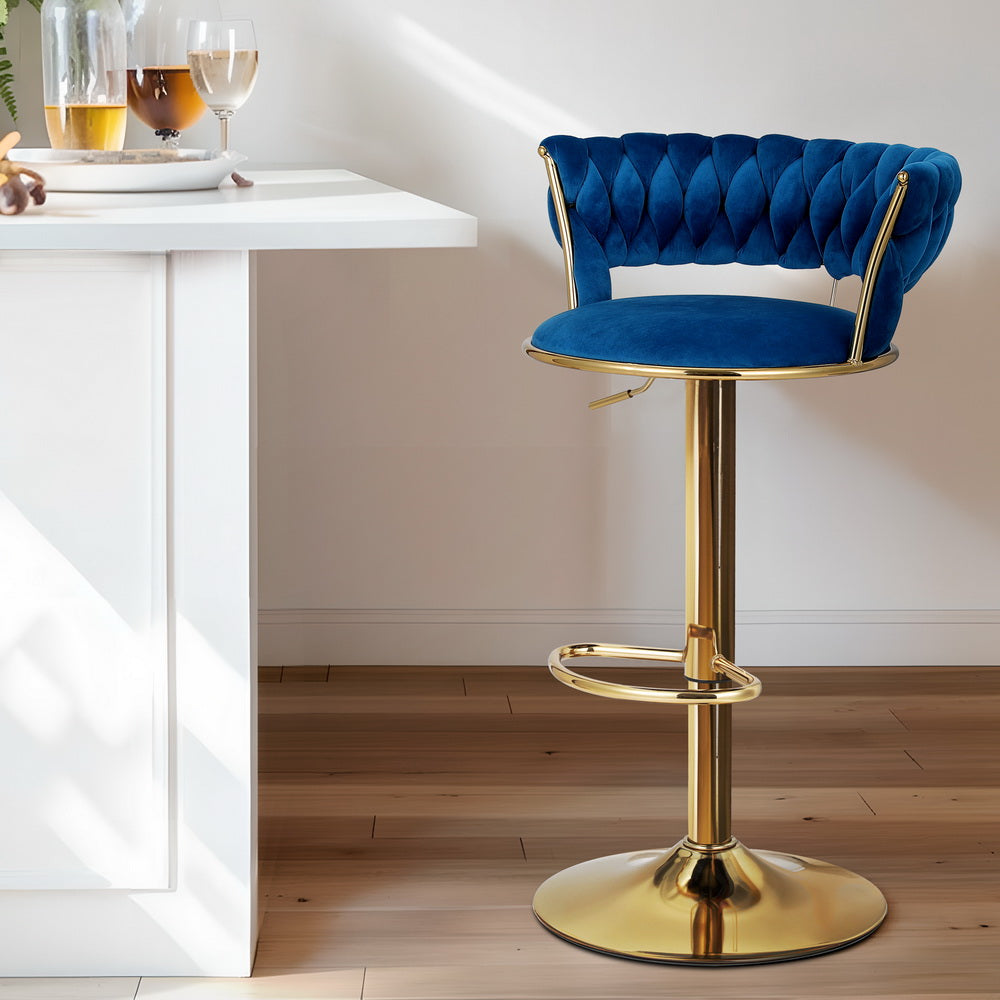 Saldus Bar Stools Gas Lift Velvet Woven Backrest - Navy & Gold