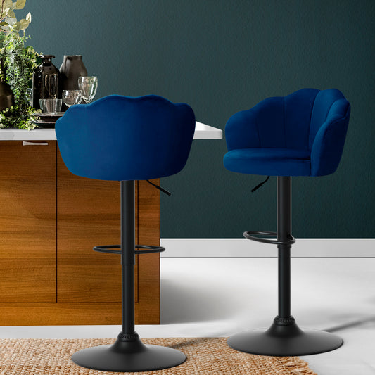 Set of 2 Naples Bar Stools Kitchen Stool Swivel Chair Gas Lift Velvet Chairs - Blue