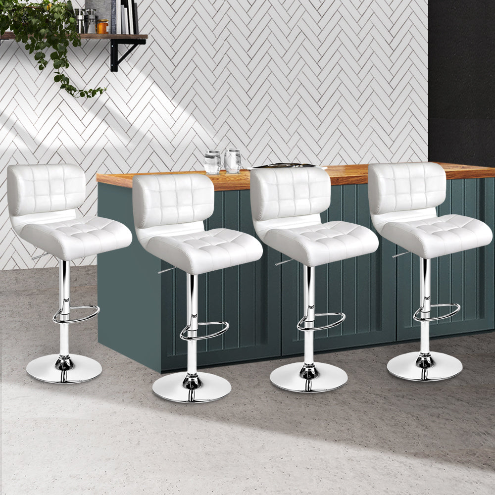 Set of 4 Genoa PU Leather Gas Lift Bar Stools - White & Chrome