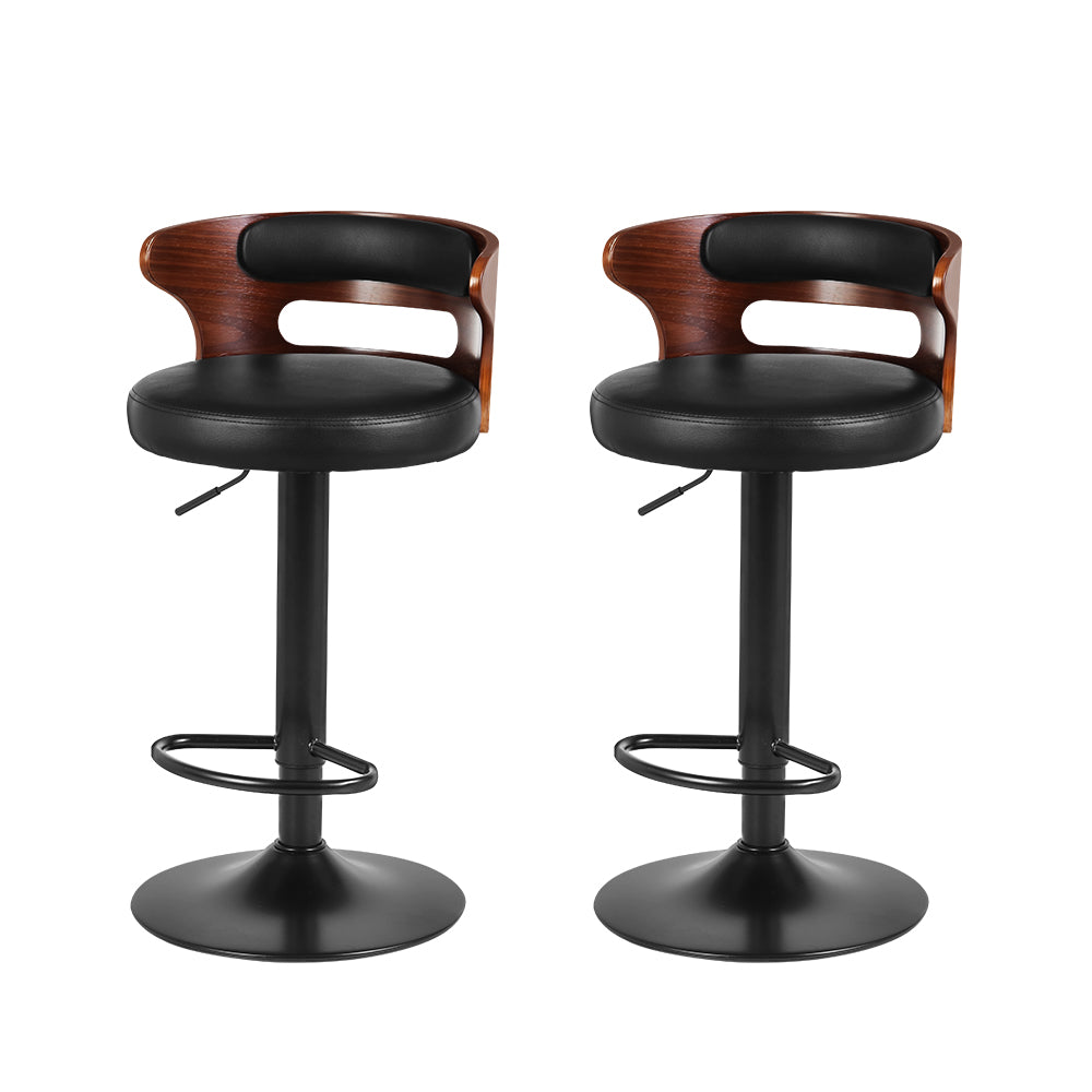 Set of 2 Caen Bar Stools Kitchen Wooden Gas Lift Leather Stool Metal Barstools - Black