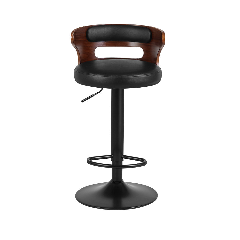 Set of 2 Caen Bar Stools Kitchen Wooden Gas Lift Leather Stool Metal Barstools - Black