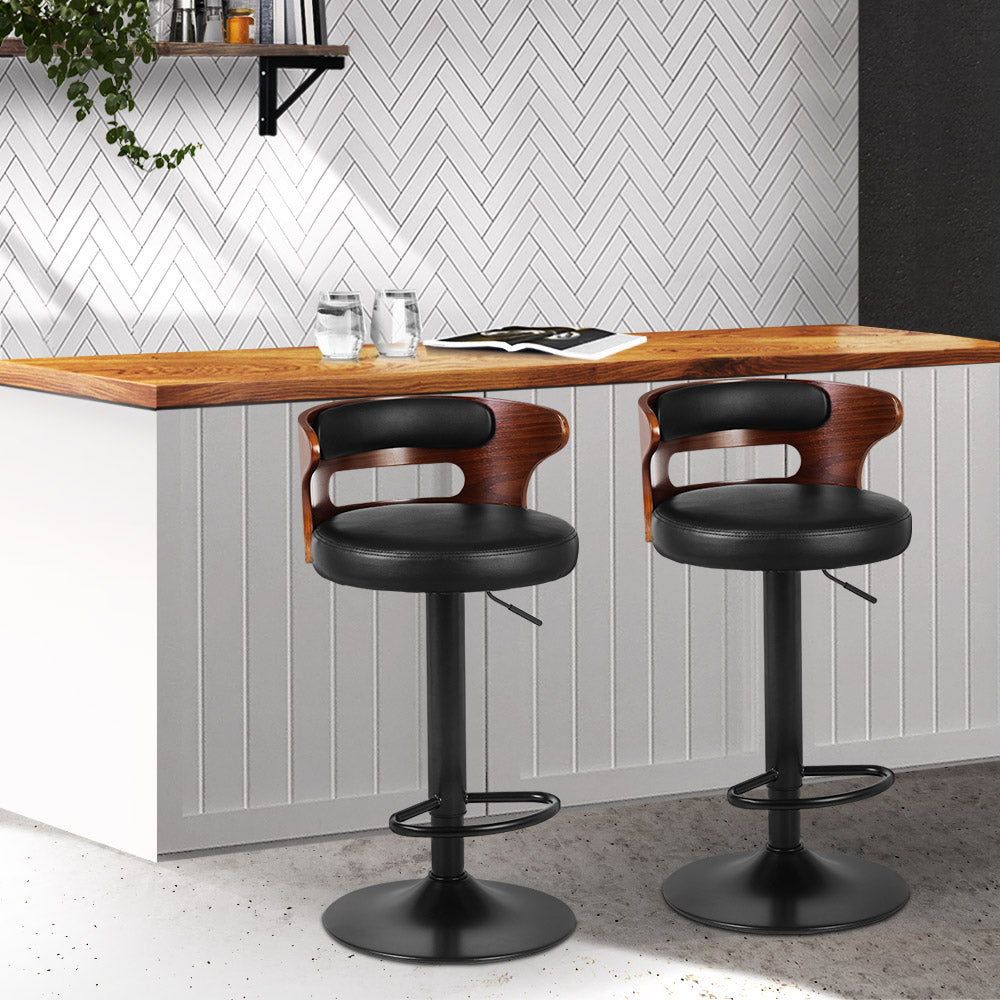 Set of 2 Caen Bar Stools Kitchen Wooden Gas Lift Leather Stool Metal Barstools - Black