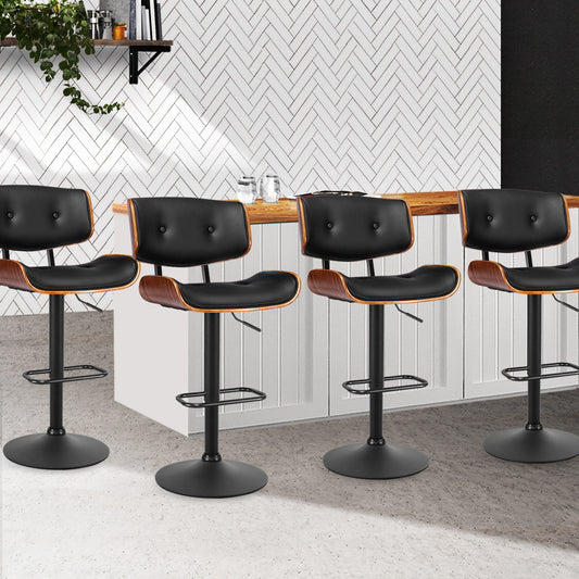 Set of 4 Ancona Kitchen Bar Stools Gas Lift Stool Chairs Swivel Barstool Leather - Black