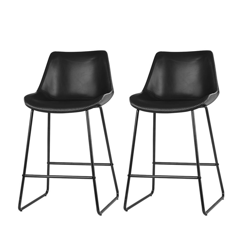 Set of 2 Toulon Bar Stools Kitchen Metal Bar Stool Dining Chairs PU Leather - Black