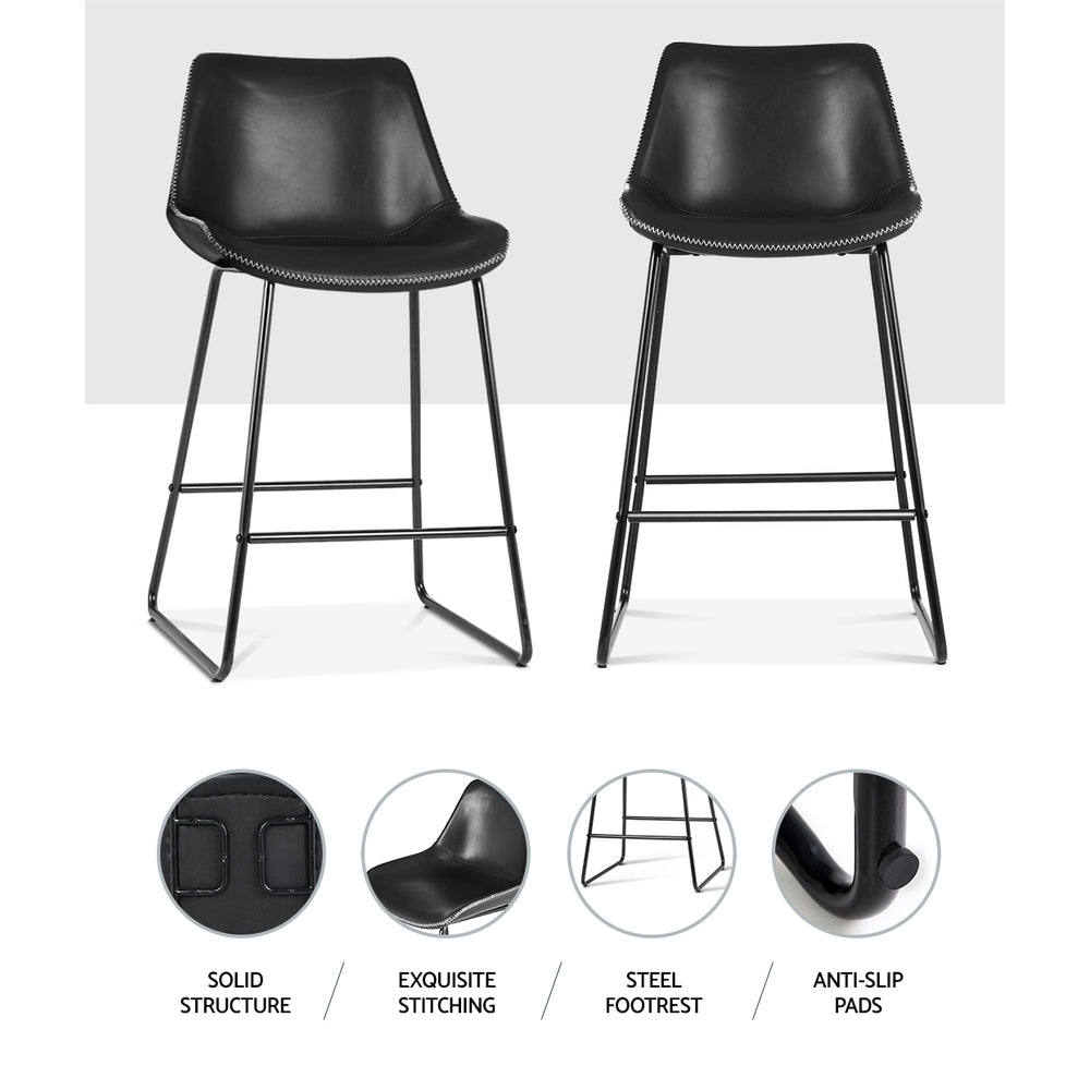 Set of 2 Toulon Bar Stools Kitchen Metal Bar Stool Dining Chairs PU Leather - Black