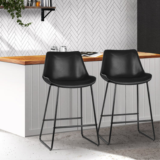 Set of 2 Toulon Bar Stools Kitchen Metal Bar Stool Dining Chairs PU Leather - Black
