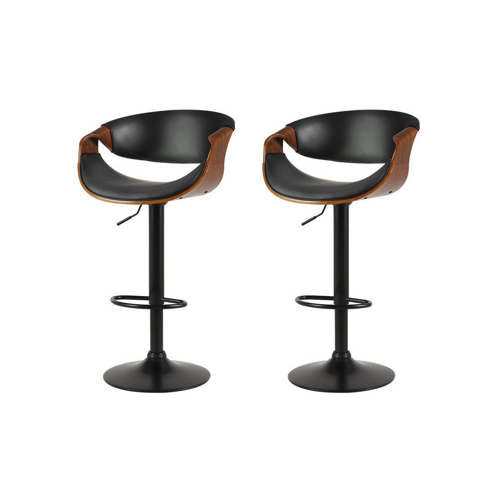 Set of 2 Montpellier Bar Stools Swivel Chair Kitchen Gas Lift Wooden Bar Stool Leather - Black