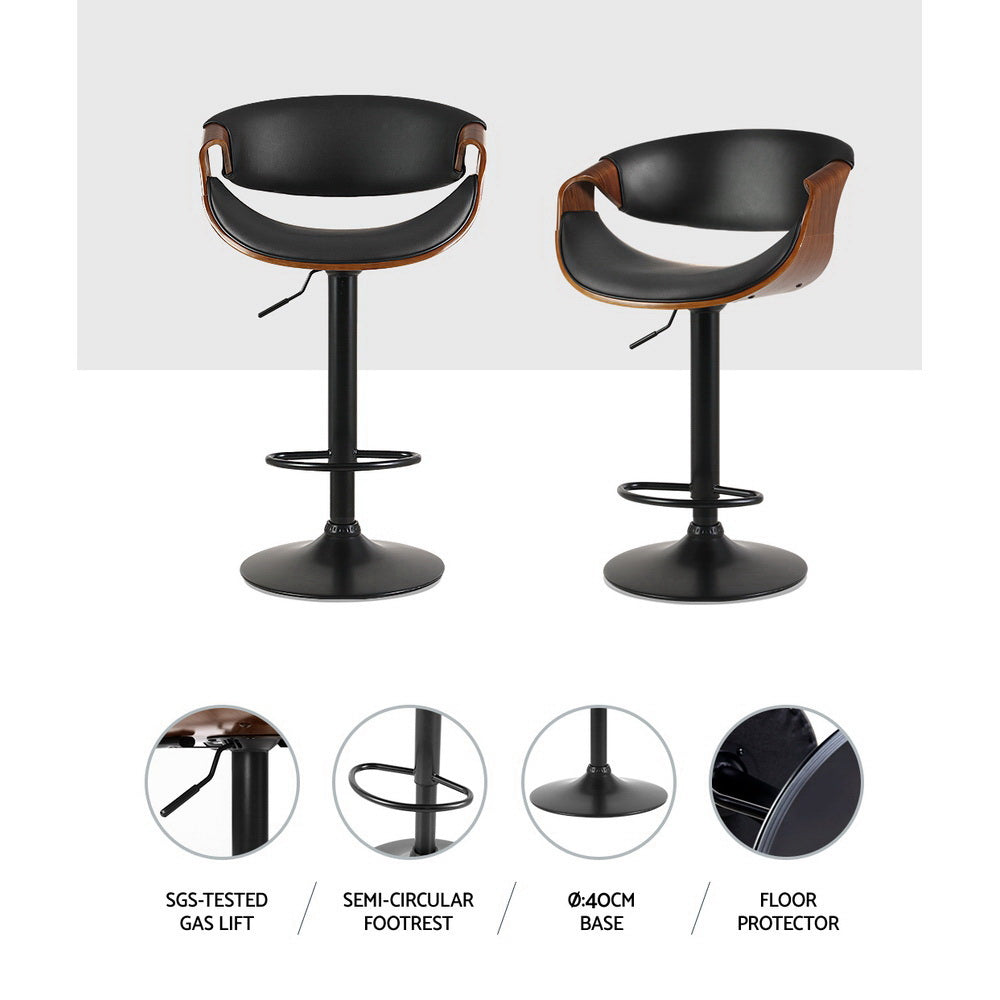 Set of 2 Montpellier Bar Stools Swivel Chair Kitchen Gas Lift Wooden Bar Stool Leather - Black