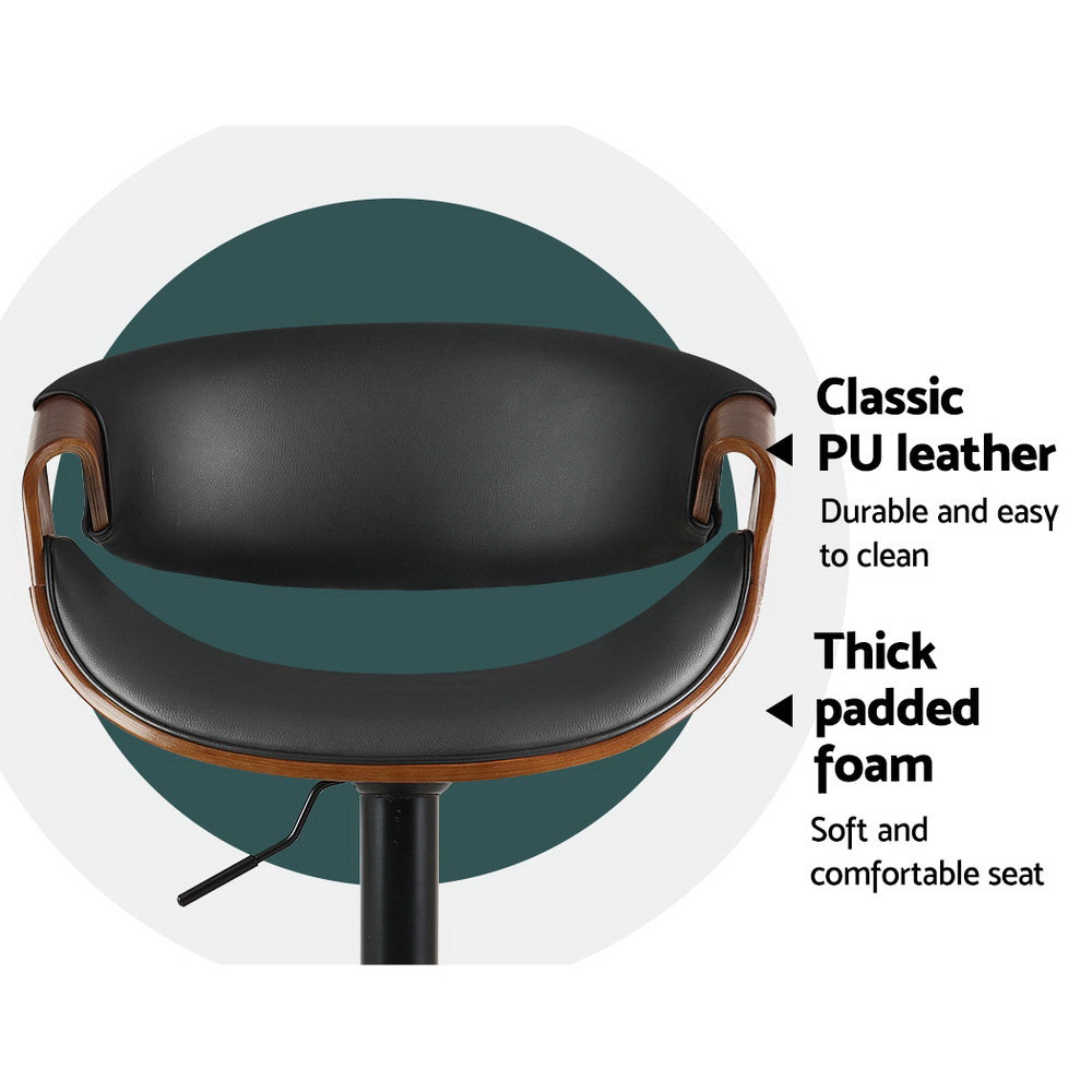 Set of 2 Montpellier Bar Stools Swivel Chair Kitchen Gas Lift Wooden Bar Stool Leather - Black