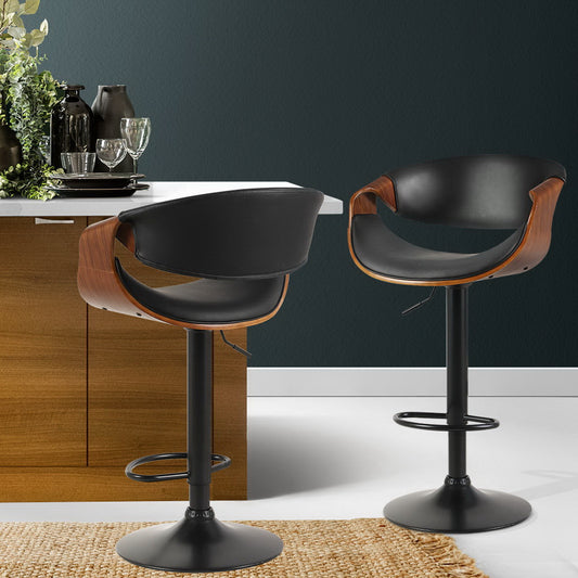 Set of 2 Montpellier Bar Stools Swivel Chair Kitchen Gas Lift Wooden Bar Stool Leather - Black