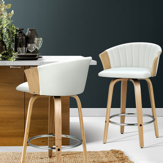 Set of 2 Salisbury Bar Stools Kitchen Stool Wooden Chair Swivel Chairs Leather - White