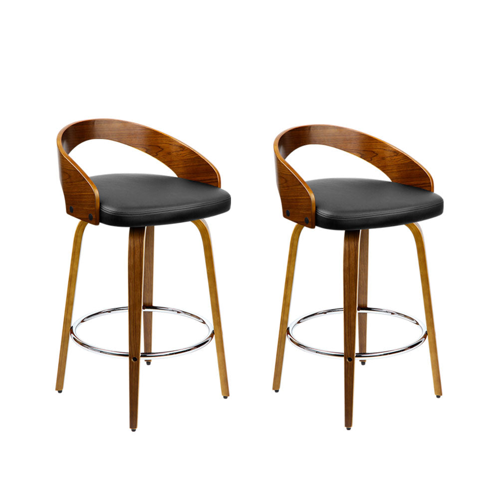 Set of 2 Alicante Walnut Wood Bar Stools - Black & Brown