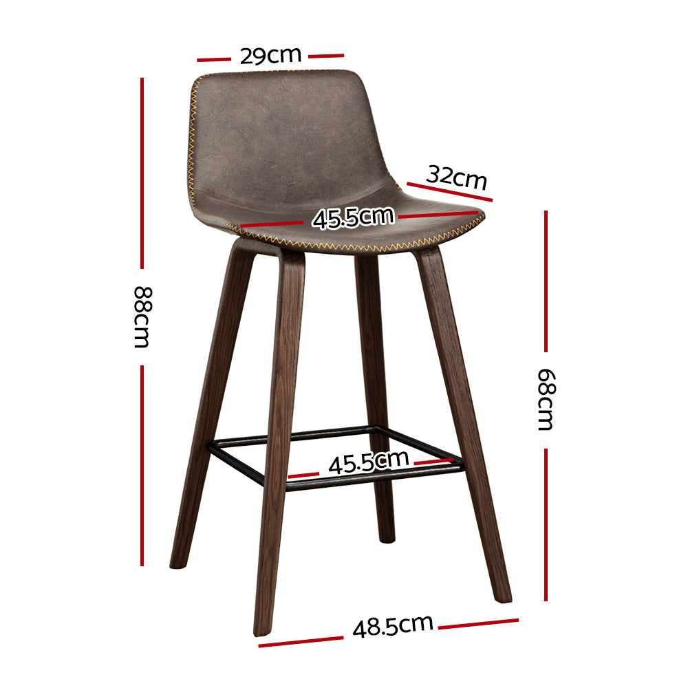 Set of 2 Lugano PU Leather Bar Stools Square Footrest - Wood & Brown