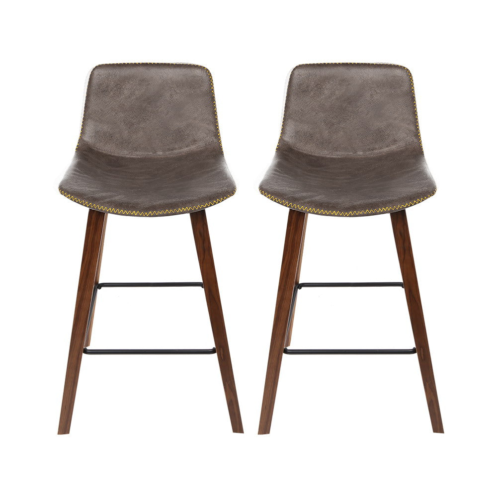 Set of 2 Lugano PU Leather Bar Stools Square Footrest - Wood & Brown