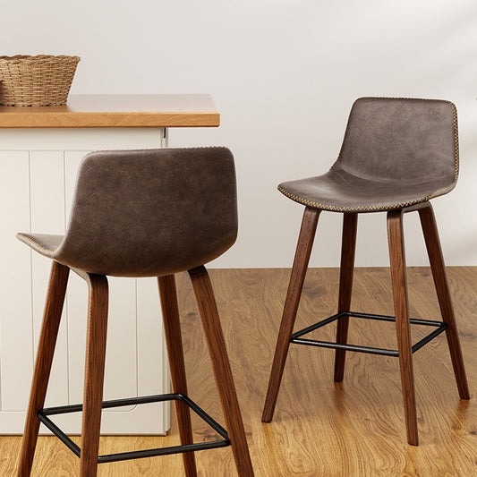 Set of 2 Lugano PU Leather Bar Stools Square Footrest - Wood & Brown