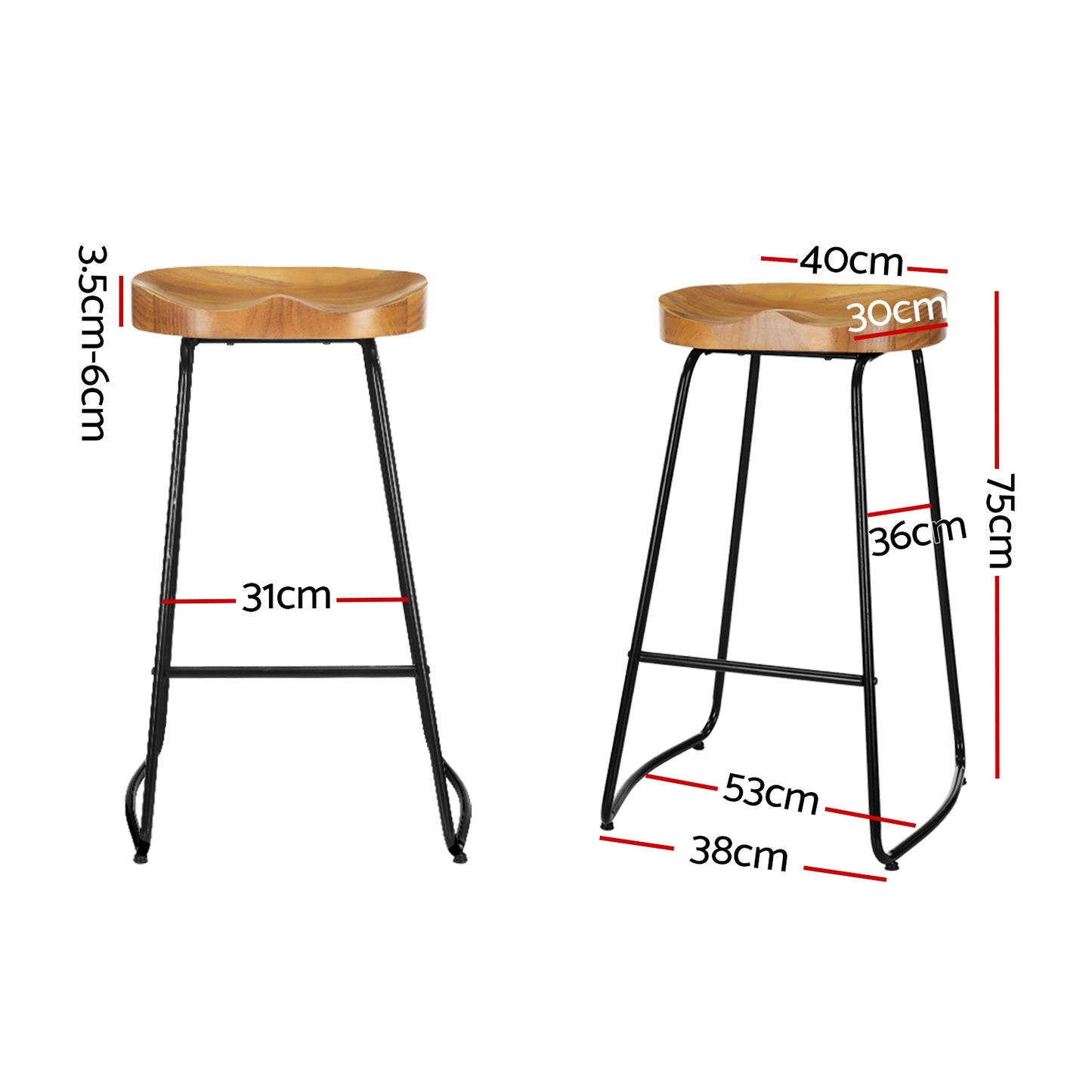 Set of 2 Reggio 75cm Elm Wood Backless Bar Stools - Black & Natural