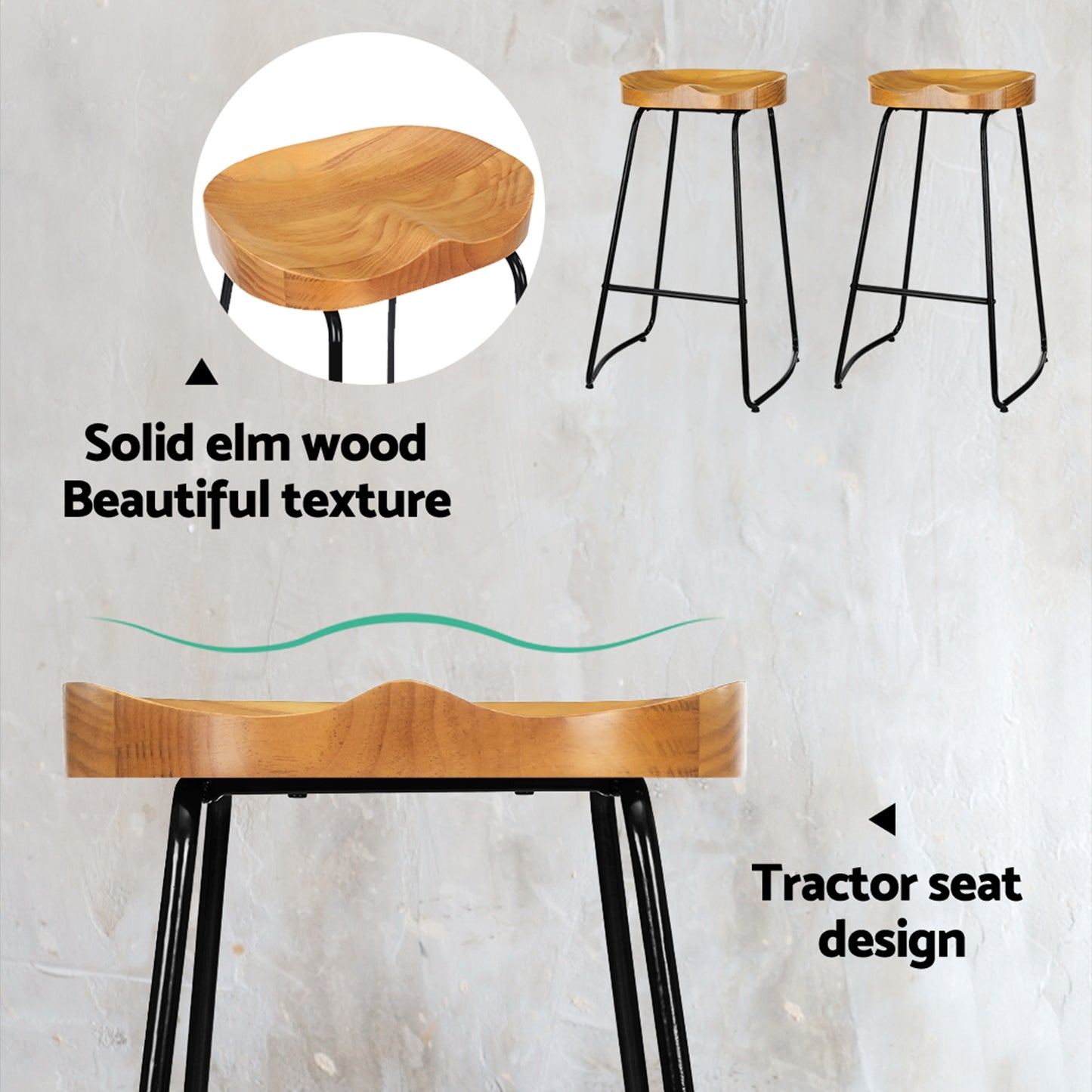 Set of 2 Reggio 75cm Elm Wood Backless Bar Stools - Black & Natural