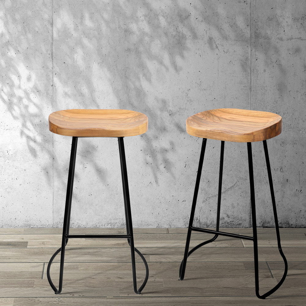 Set of 2 Reggio 75cm Elm Wood Backless Bar Stools - Black & Natural