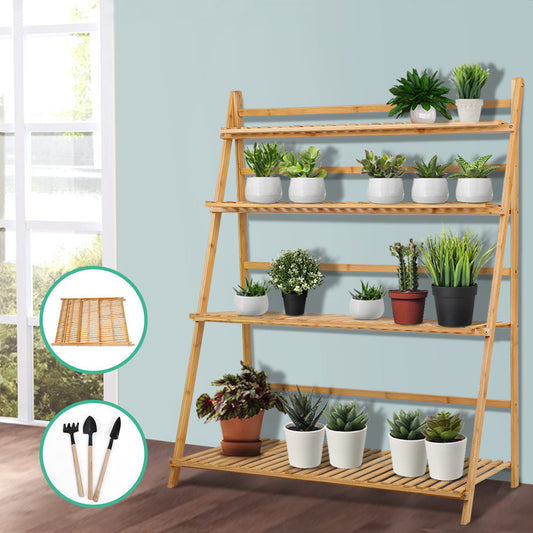 Bamboo Wooden Ladder Shelf Plant Stand Foldable