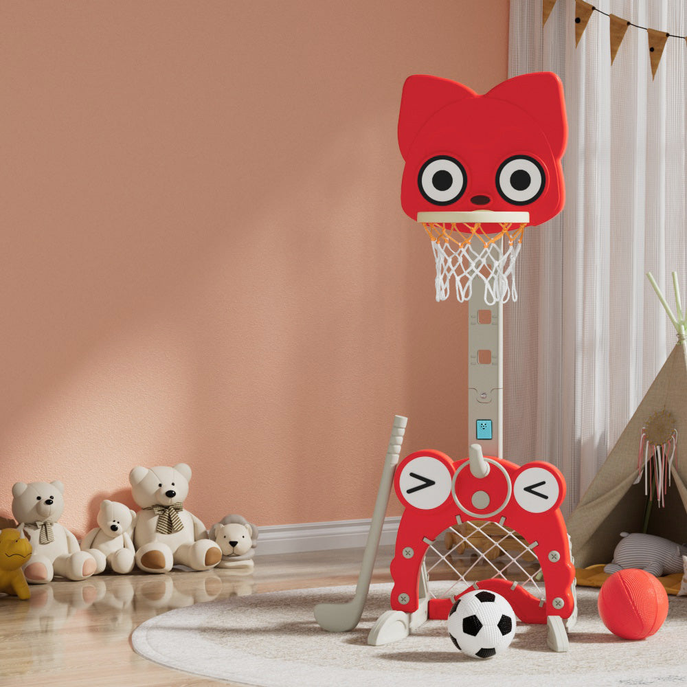 Kids Basketball Hoop Stand Adjustable 5-in-1 Sports Center Toys Set Red