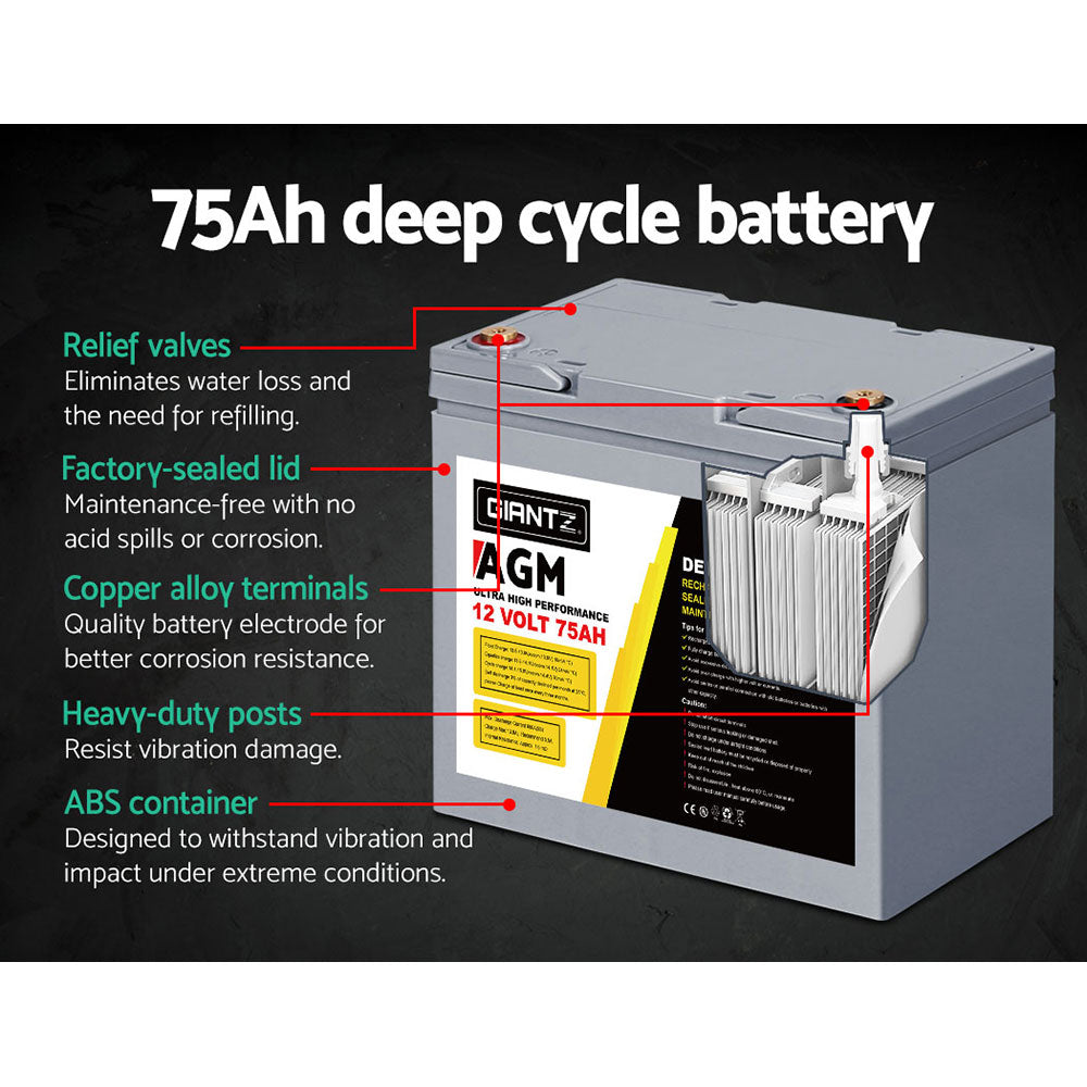 Set of 2 Deep Cycle Battery 12V 75Ah Portable Solar Caravan Camping