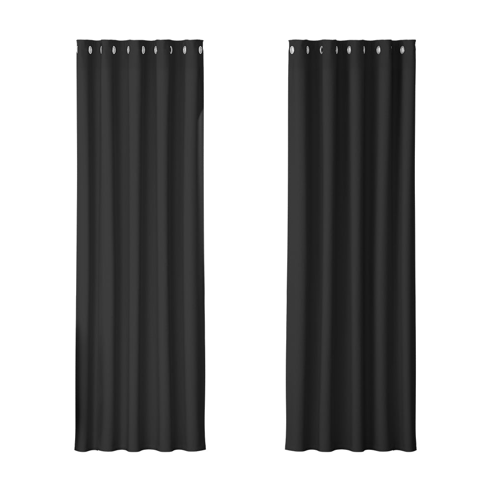 Set of 2 Blockout Curtains Blackout Window Curtain Eyelet 180x213cm Black