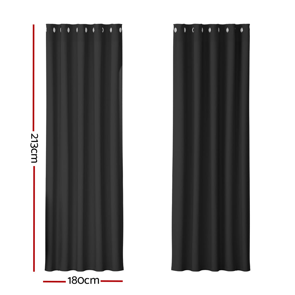 Set of 2 Blockout Curtains Blackout Window Curtain Eyelet 180x213cm Black