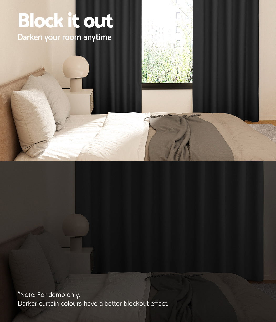 Set of 2 Blockout Curtains Blackout Window Curtain Eyelet 180x213cm Black