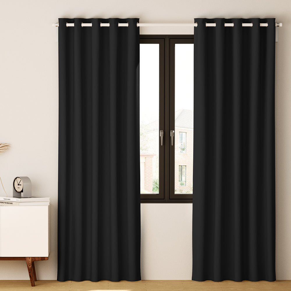 Set of 2 Blockout Curtains Blackout Window Curtain Eyelet 180x213cm Black