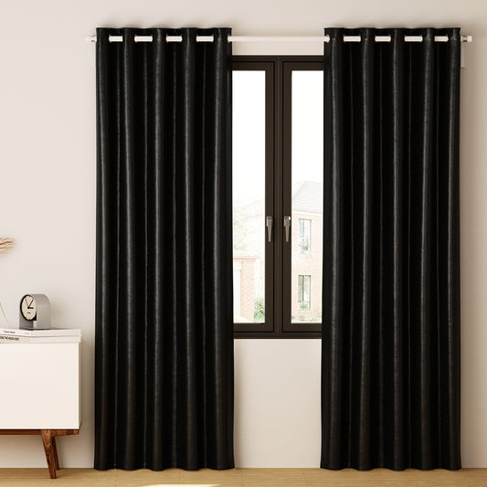 Set of 2 Blockout Curtains Blackout Window Curtain Eyelet 180x213cm Black Shine