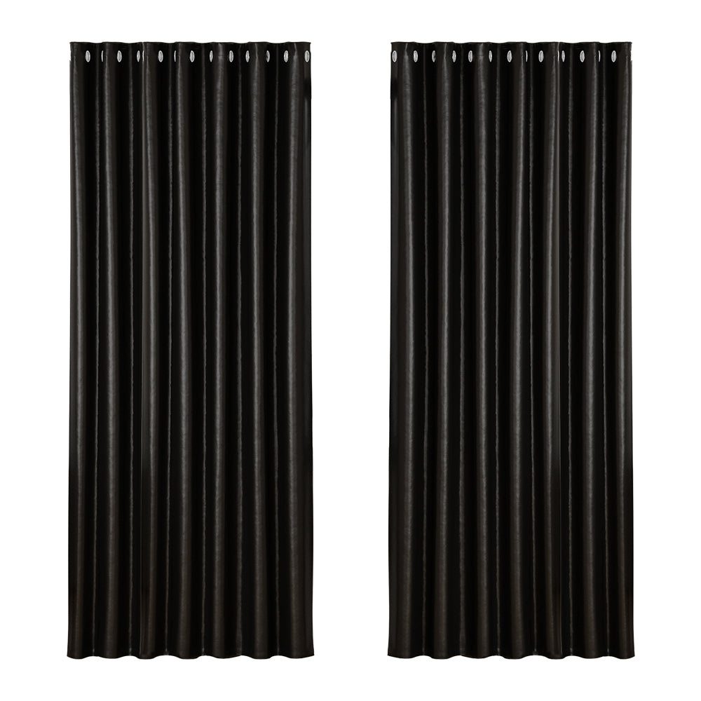 Set of 2 Blockout Curtains Blackout Window Curtain Eyelet 240x230cm Black Shine