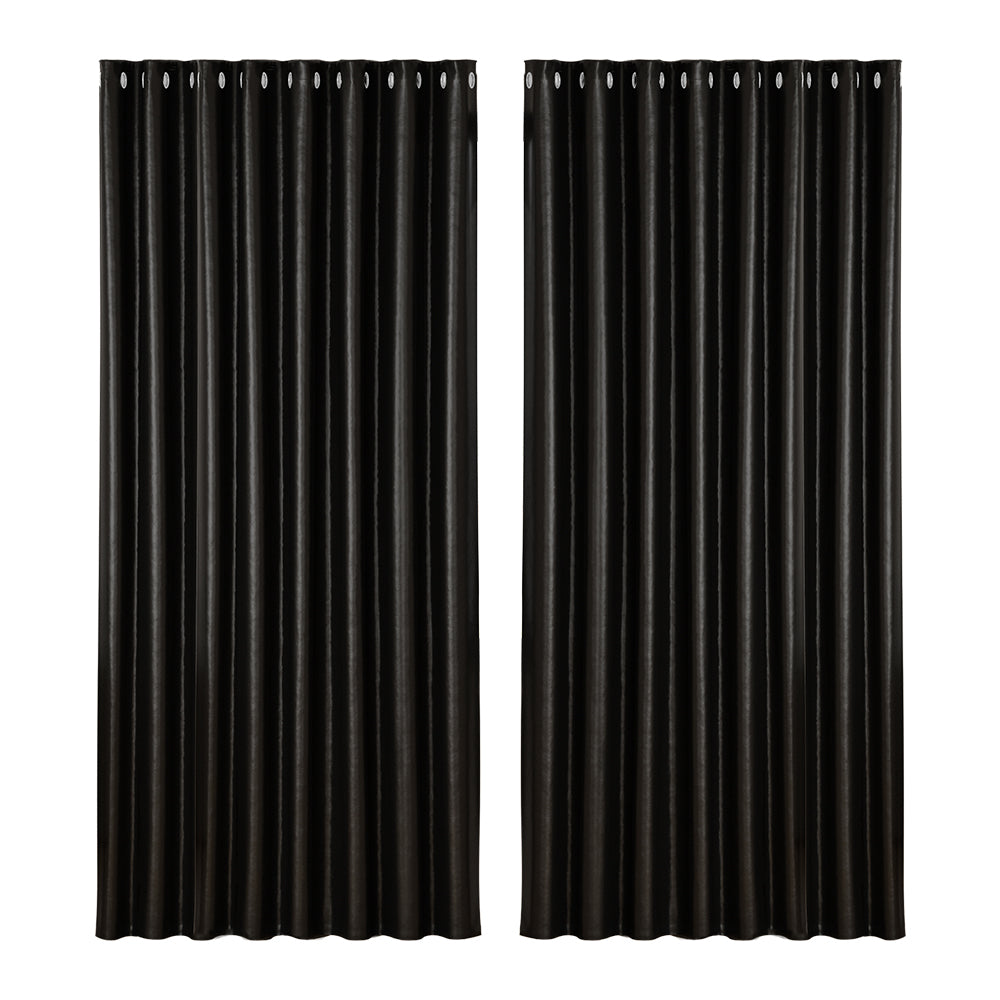 Set of 2 Blockout Curtains Blackout Window Curtain Eyelet 300x230cm Black Shine