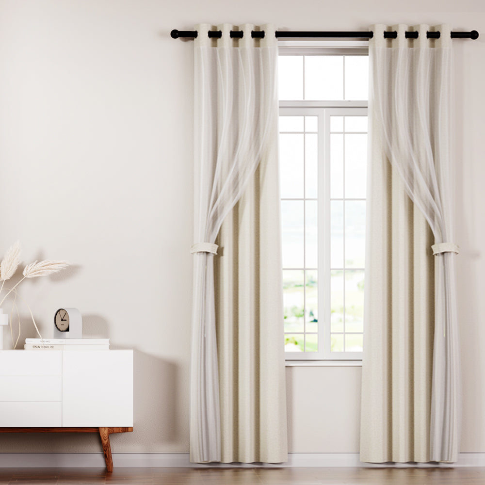 Set of 2 132x160cm Blockout Sheer Curtains Beige