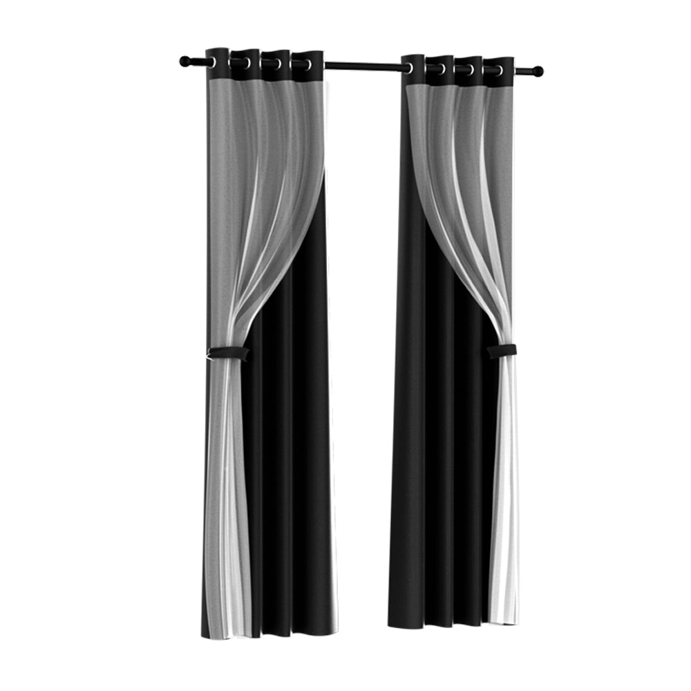 Set of 2 132x160cm Blockout Sheer Curtains Black