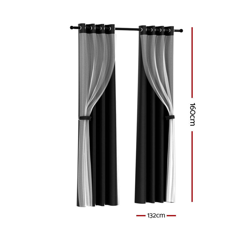 Set of 2 132x160cm Blockout Sheer Curtains Black